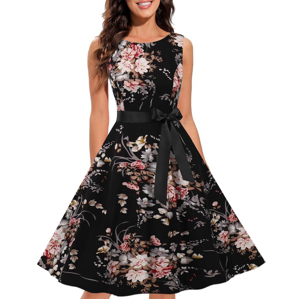 Women Summer Floral Print Sleeveless O Neck A Line Slim Midi Dress