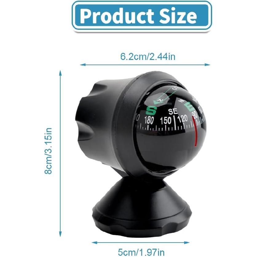 Car Compass, Vehicle Compass, Dash Mount Adjustable Compass Ball with Bottom Stick, Universal Car Accessories Navigation Hiking Direction Pointing