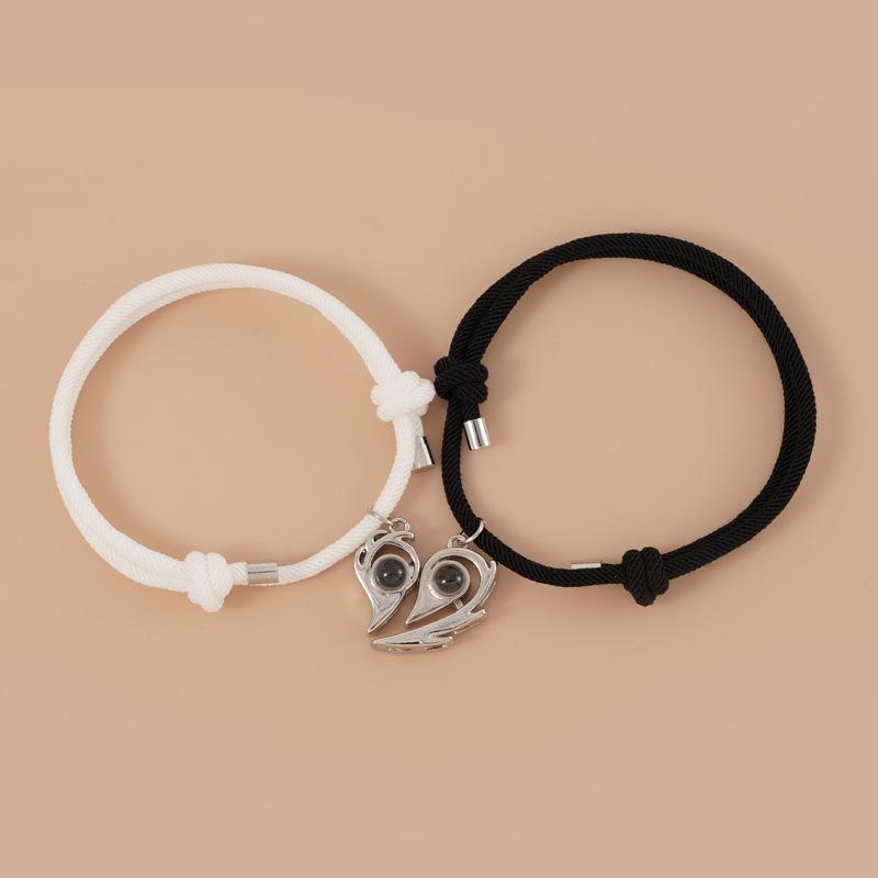 2 Pcs Romantic Electrocardiogram Heart Pendant Couple Bracelet For Lover Women Men Magnetic Rabbit Bracelets Party Jewelry Gifts