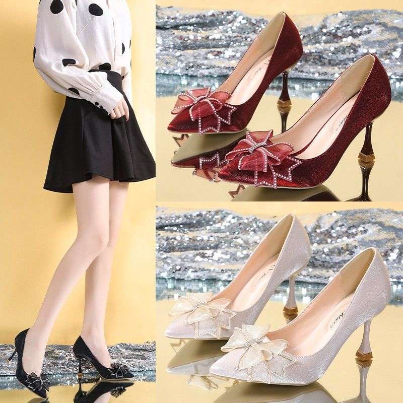 French high heels women's 2025 autumn new versatile stiletto temperament pointed bow single shoes bridesmaid wedding shoes