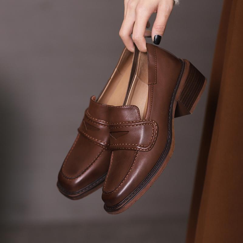 Fashion Genuine Leather Slip -On Women Shoes Casual Loafers Square Toe Simple Shoes Thick Heel Shoes Woman Zapatos De Mujer