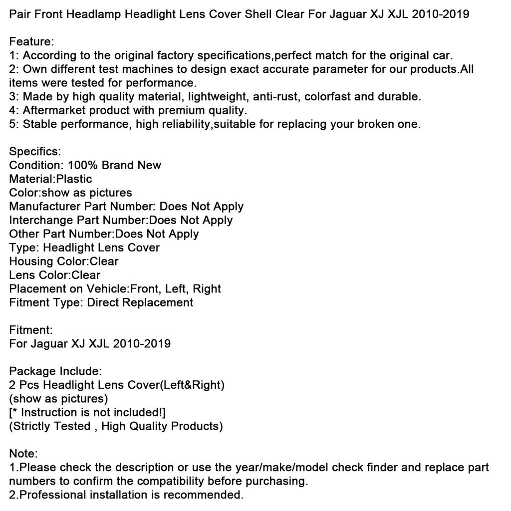 Pair Front Headlight Lens Cover Shell Clear For Jaguar XJ XJL 2010-2019