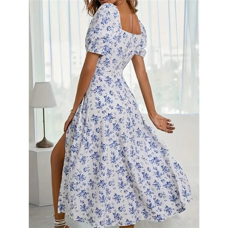 Bedrucktes Neckholder-Kleid mit schmalem Schlitz und Blumenmuster im französischen Stil