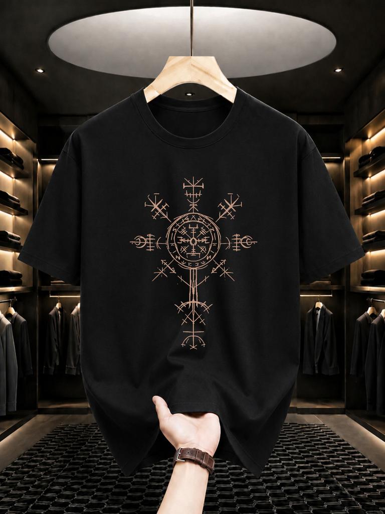 2026 Nuova Maglietta in Cotone Bussola Vichinga Rune Nordiche Stampa Girocollo Manica Corta Street Casual Top