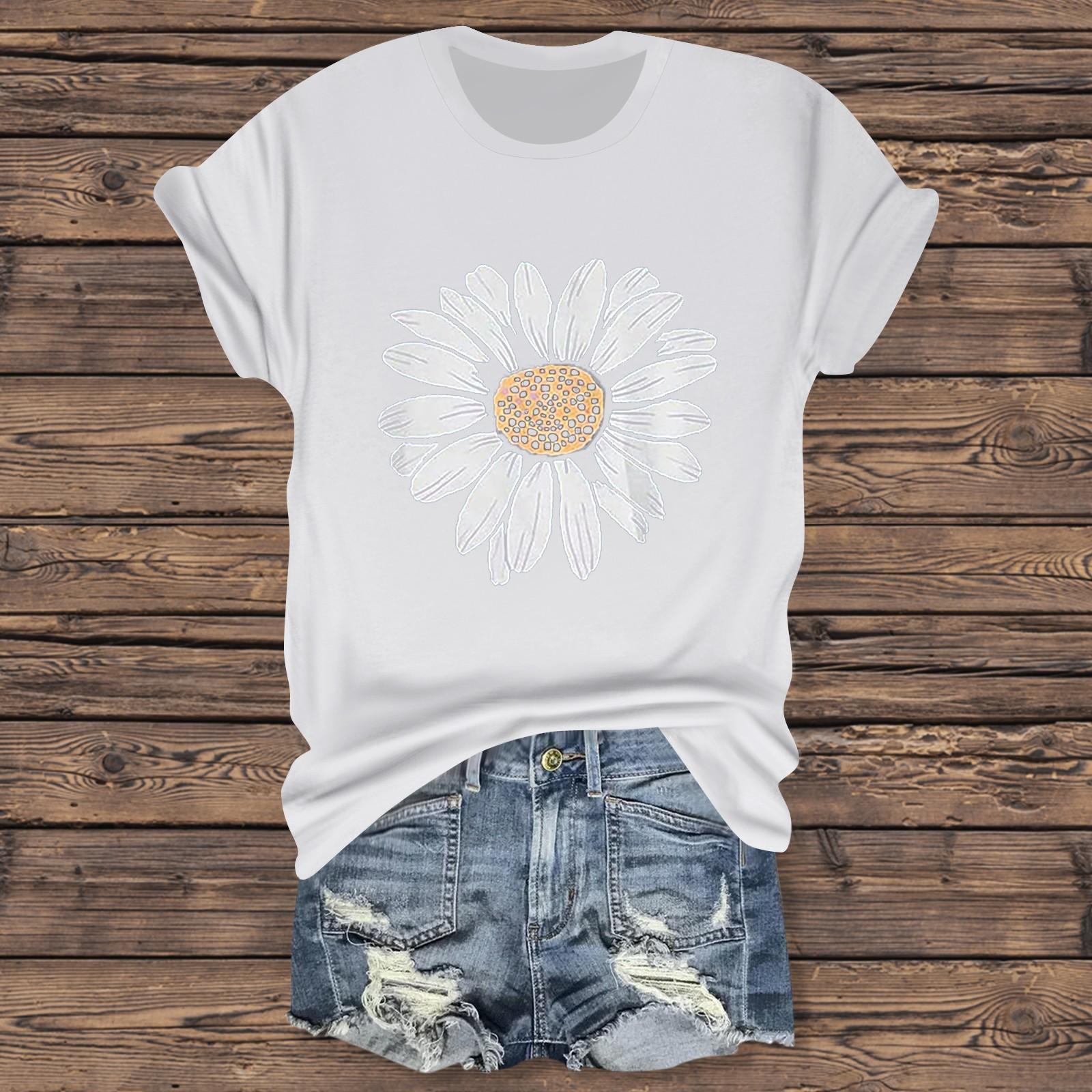 

Women s Casual Printed T-Shirt Round Neck Pullover Short Sleeve Top M білий