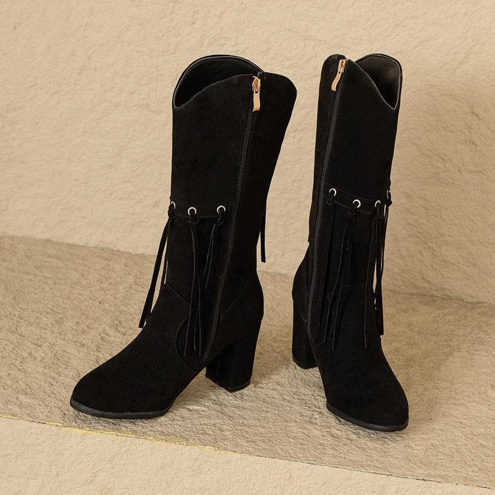 Winter Black Yellow Women Mid Calf Boots Round Toe High Heel Small Big Size 33 52