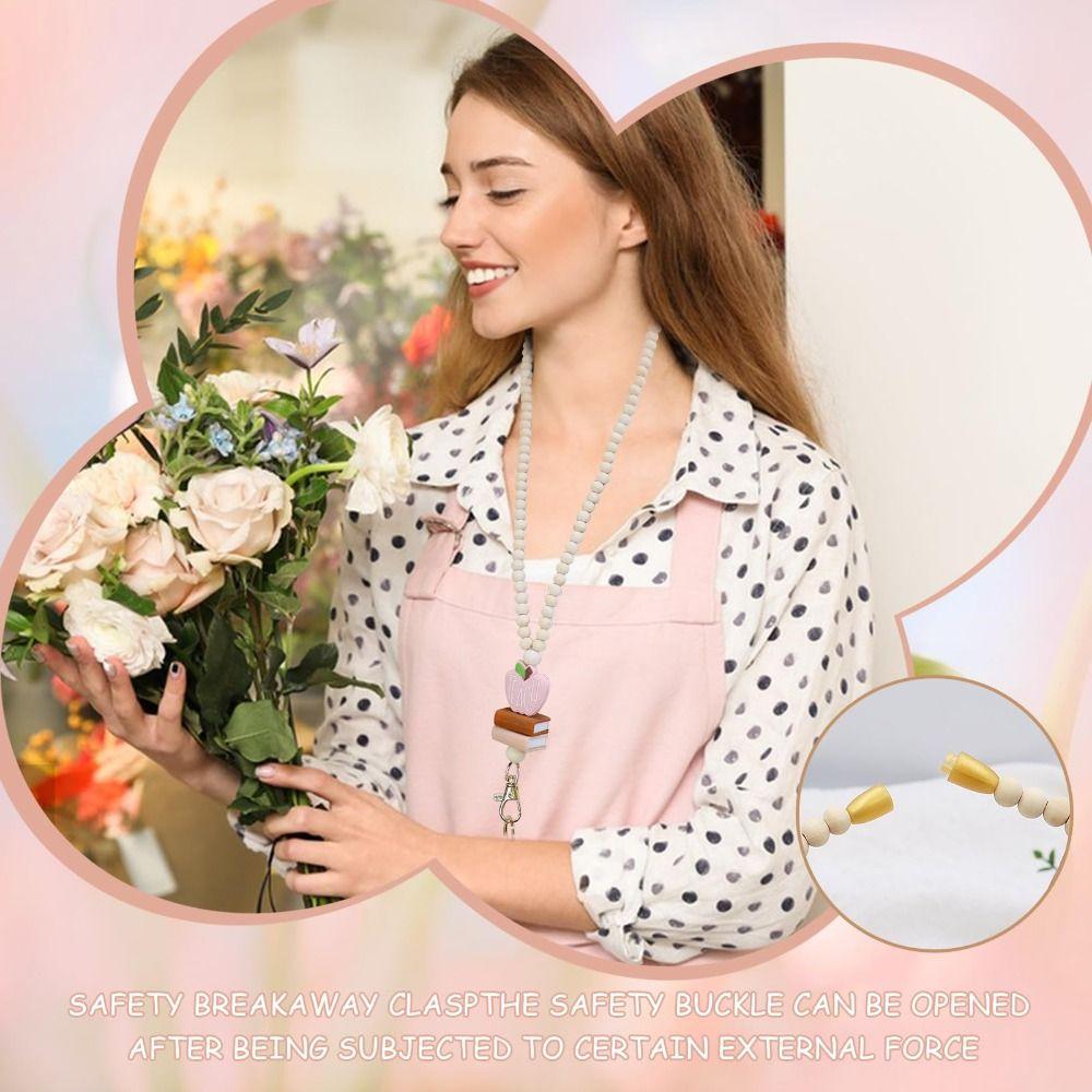 Wood Teacher Lanyard Pink Daisy Beads ID Holder Strap Fashion String for ID Badges  Keys