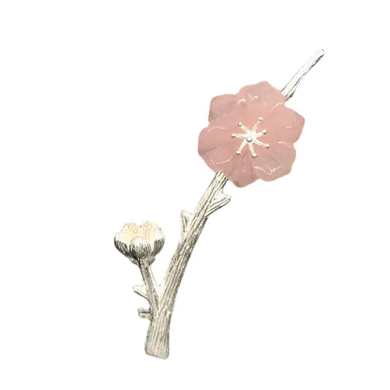 Vintage Court Style Pink Crystal Plum Bloom Pin   Natural Hetian Jasper Broches For Women Light Luxury Classic Jewelry
