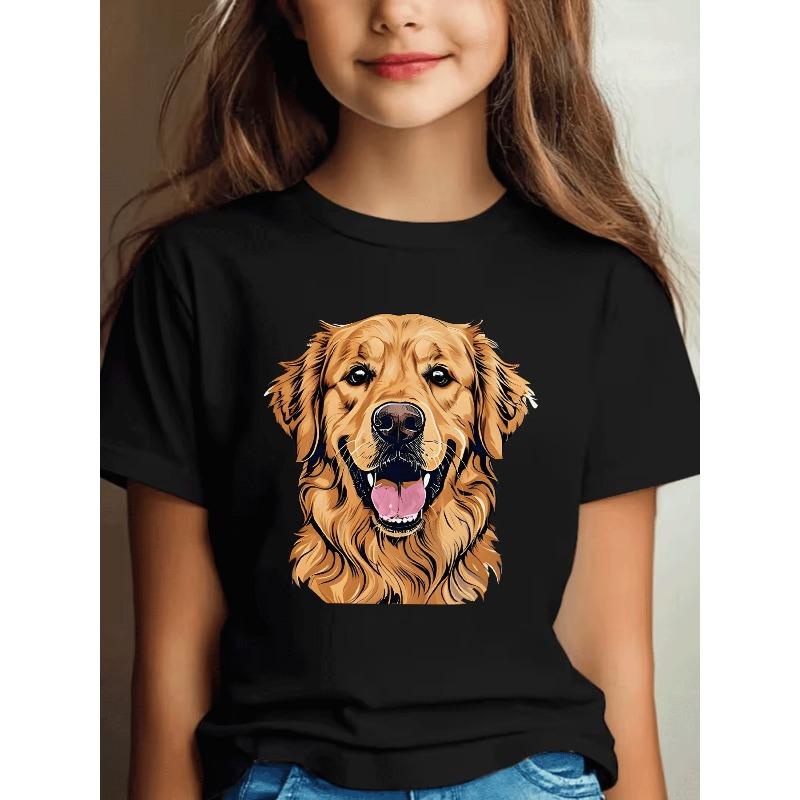 European sizes Cute Golden Retriever Puppy Face Print Short Sleeve T Shirt for Girls Casual Summer Street Style Kids Apparel Girls Daily Wear