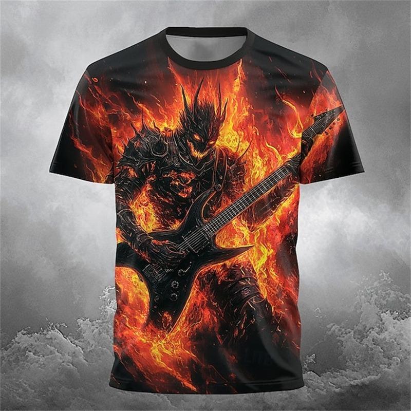 2025 New Men's Summer Round-neck T-shirt Outdoor Loose and Casual Short-sleeved Retro Men's Scary Ghost Face Print T-shirt