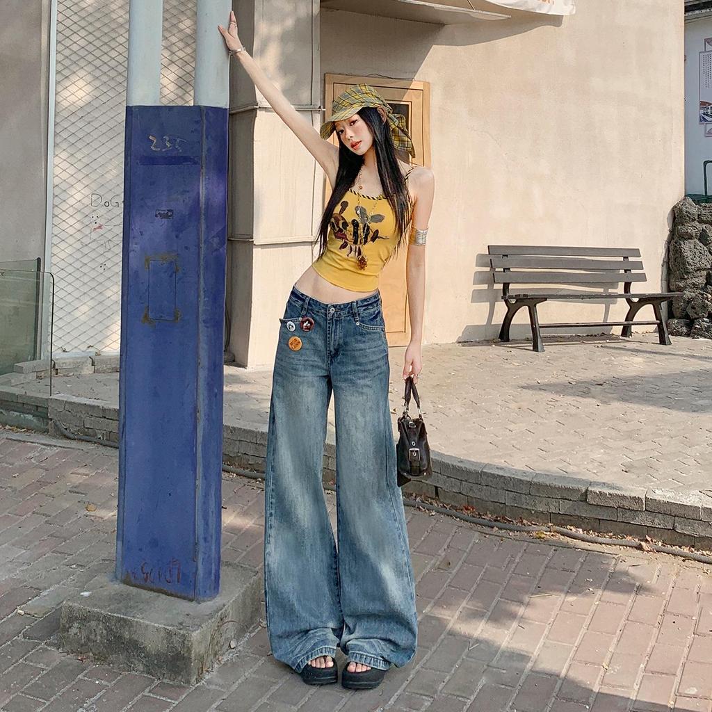 Women's Retro Washed Wide-Leg High-Waisted Slimming Floor-Length Spring Jeans