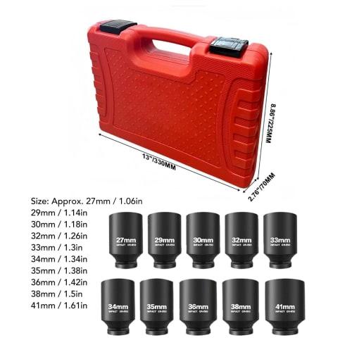 Deep Socket Set, Metric Deep Socket Set, Impact Socket Set, 6-Point Design, 27mm-41mm, 10-Piece Set, Hex Socket Set with Storage Case