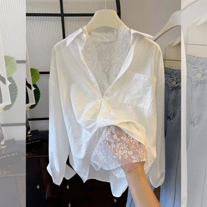 Cotton Brocade Wrinkled Fabric, Spring and Summer Lace Vest + Long-sleeved Shirt Women's Loose Two-piece Set Is Sweet and Fresh.