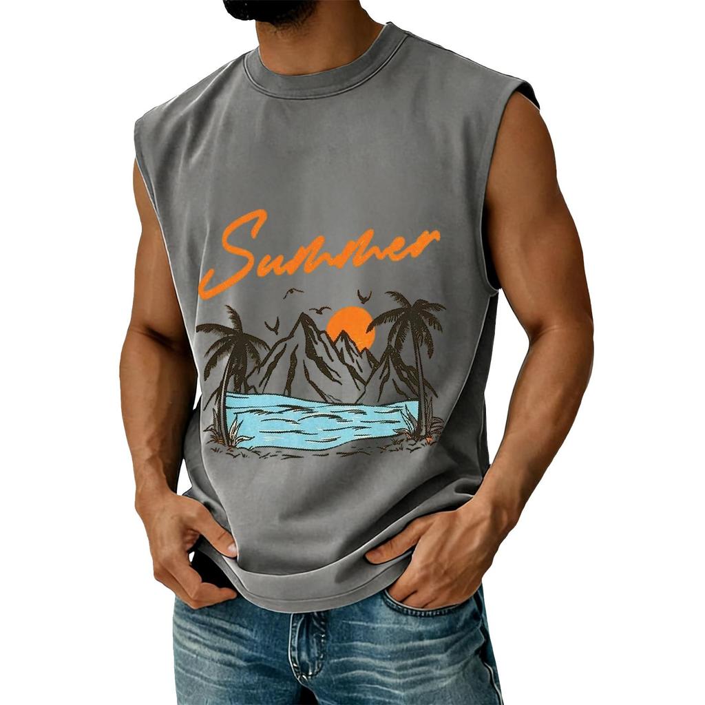 Men's Sleeveless Casual Athletic Vest Summer Graphic Print Muscle Tank Top Outdoor Gym Workout Shirt Beachwear