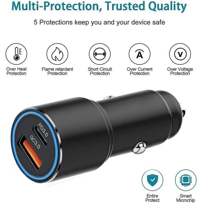 38W Car Charger Cigarette Lighter 2 USB-C and USB-A Ports Fast Charging - Black