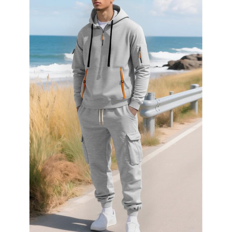 Men's Fall/Winter Fleece-Lined Set: Zipper Hoodie + Multi-Pocket Work Pants—A Stylish Two-Piece Set