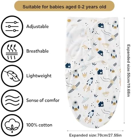 Baby Swaddle Blanket Set, 1 Swaddle Blanket & 1 Hat, Adjustable Newborn Swaddle Wrap, Anti-Startle Sleep Sack, Suitable for Boys & Girls