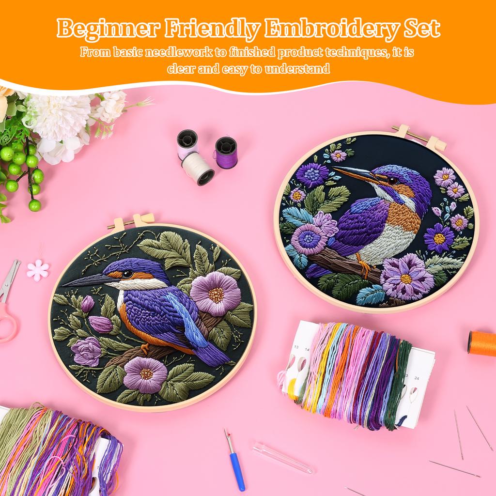 DIY Embroidery Beginner Kit Adult Embroidery Starter Kit with Pre Stamped Floral Bird Pattern for Craft Lover Beginner