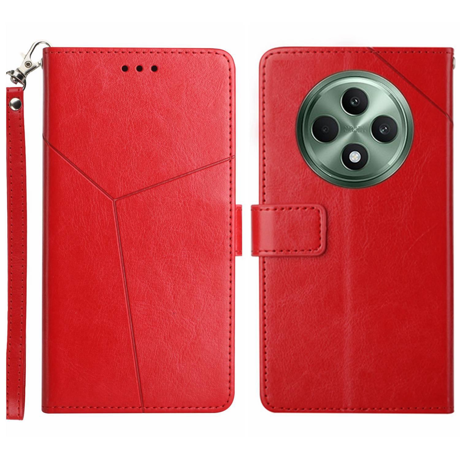 

For Oppo Reno12 F 5G Case with Wrist Strap Y Shaped Lines Imprint Leather Phone Cover Red