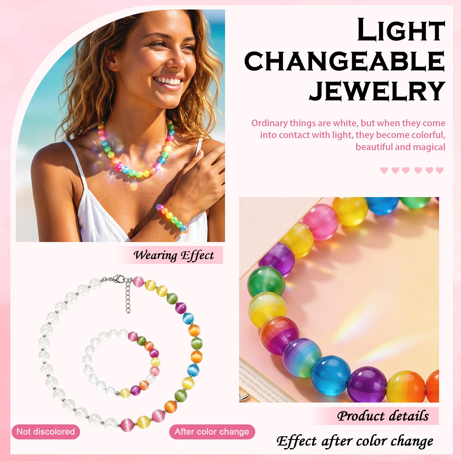 

Beaded Necklace and Bracelet Set with Color Changing Beads Adjustable Chain for Women and Girls Jewelry Gift one size