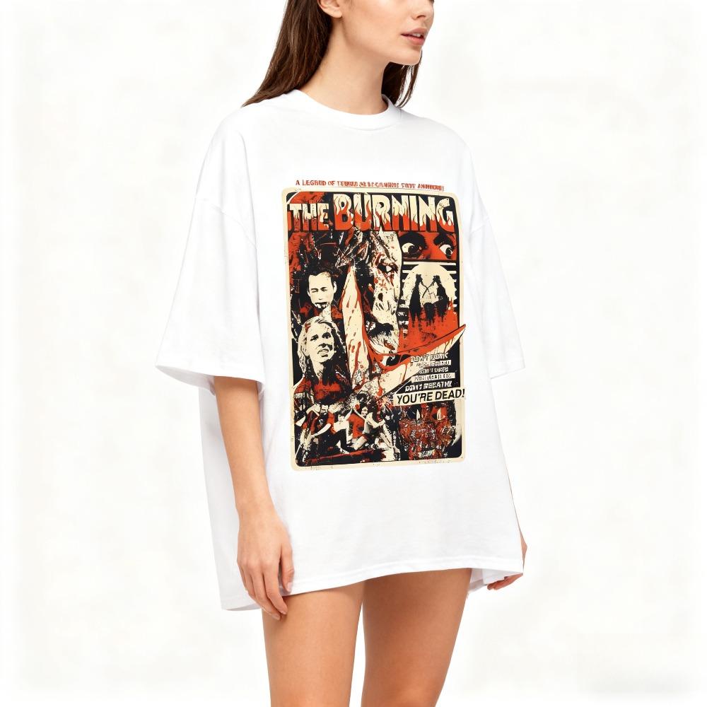 

Unisexs horror movie pattern Tshirt Burning retro poster design style pure cotton Tshirt four season streetwear top tshirt S