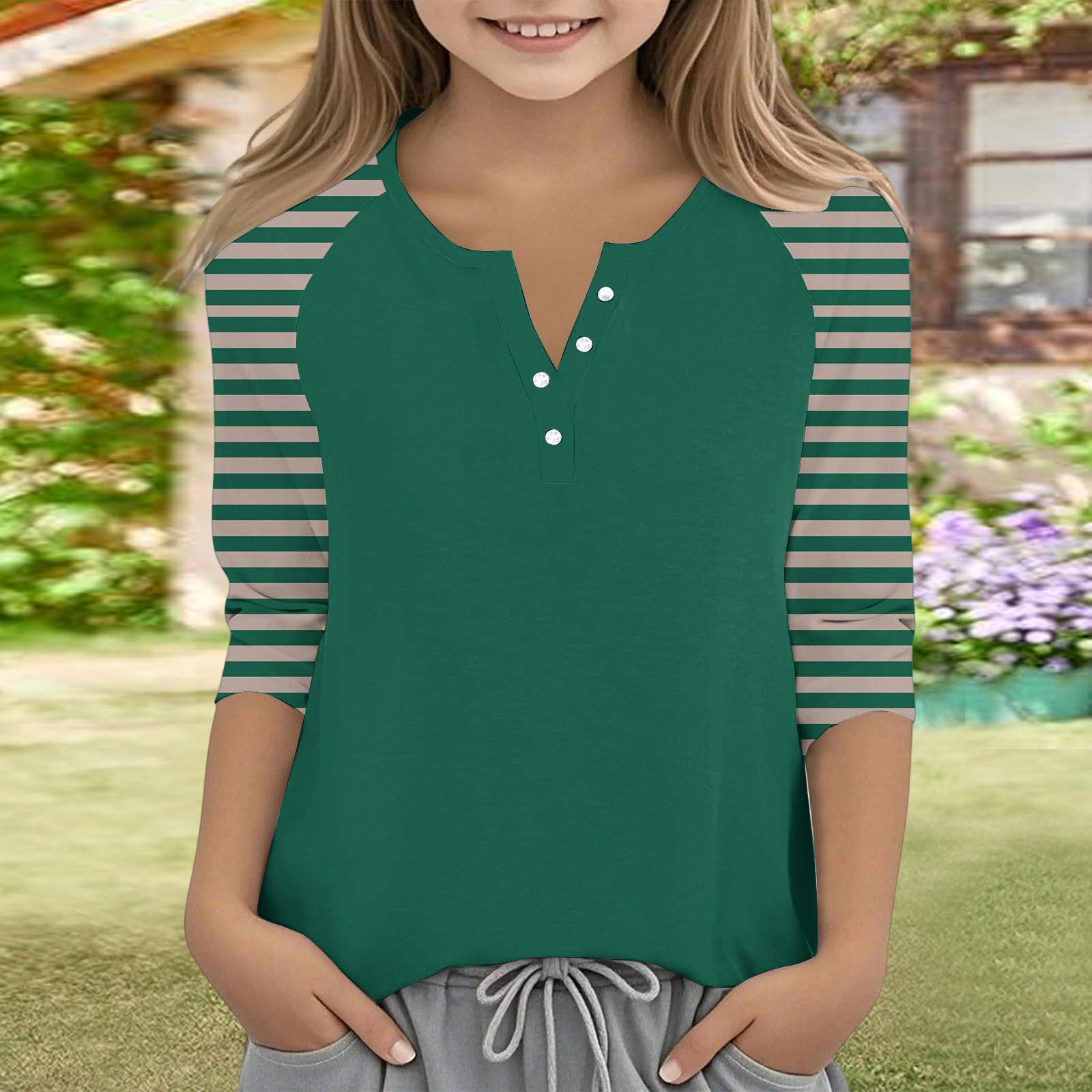 

Print Tops For Youth Girls V Neck 3/4 Sleeves T-Shirts Trendy Tops Outfit Tees 110 армия зеленый