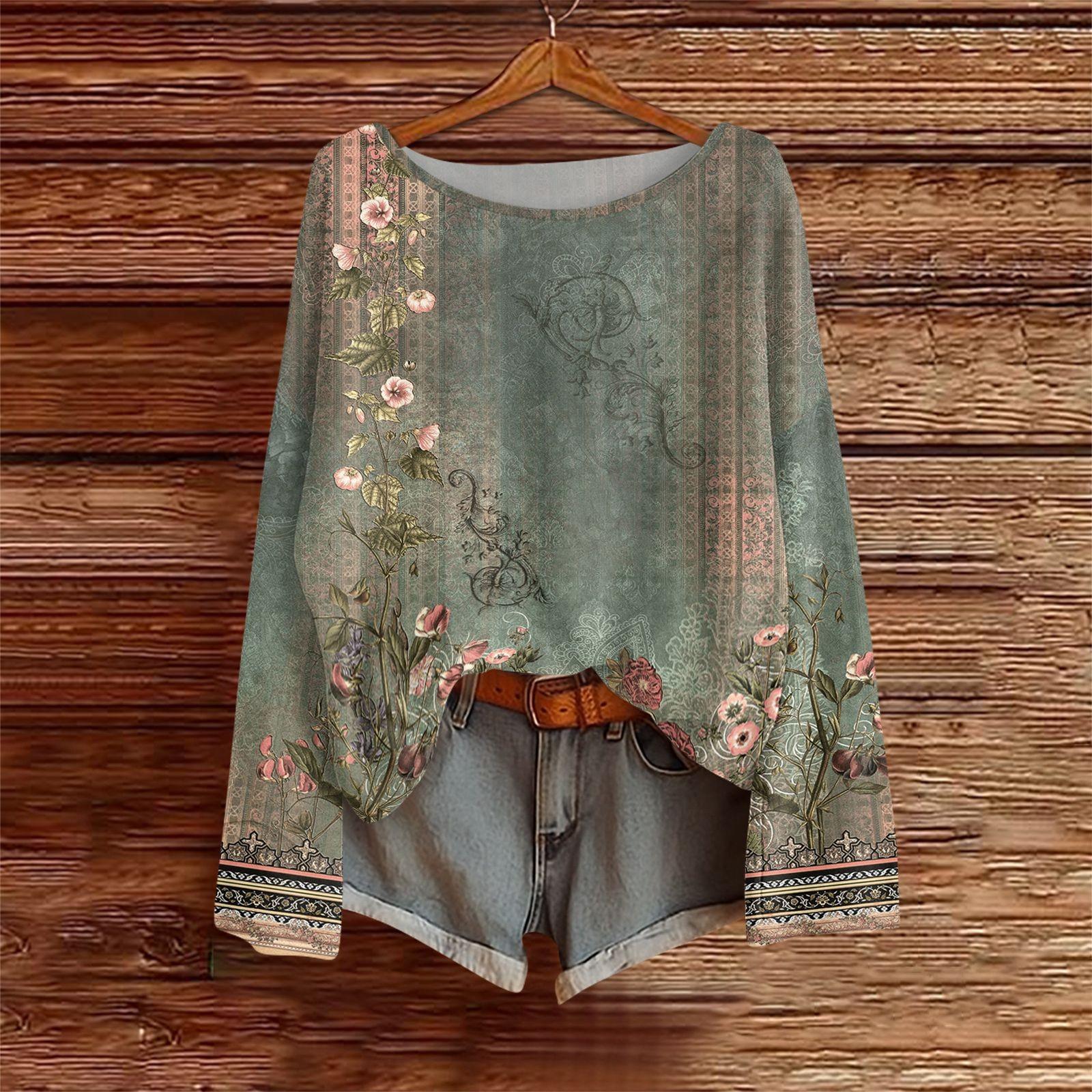 

Long Sleeve Shirts For Women Print Graphic Tees Blouses Casual Plus Size Basic Tops Pullover L армія зелений колір