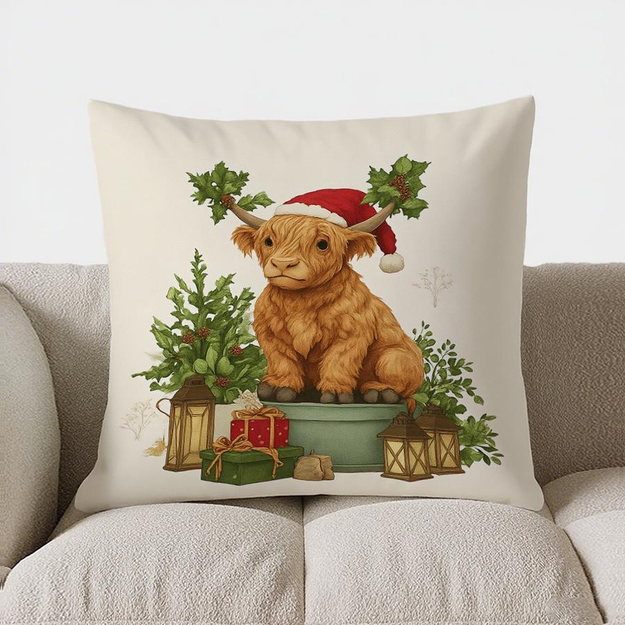 Home Decor Festive Highland Cow Christmas Pillow Cover Pattern Cushion Cover Suitable For Sofa Bedroom Car Pillow Cover