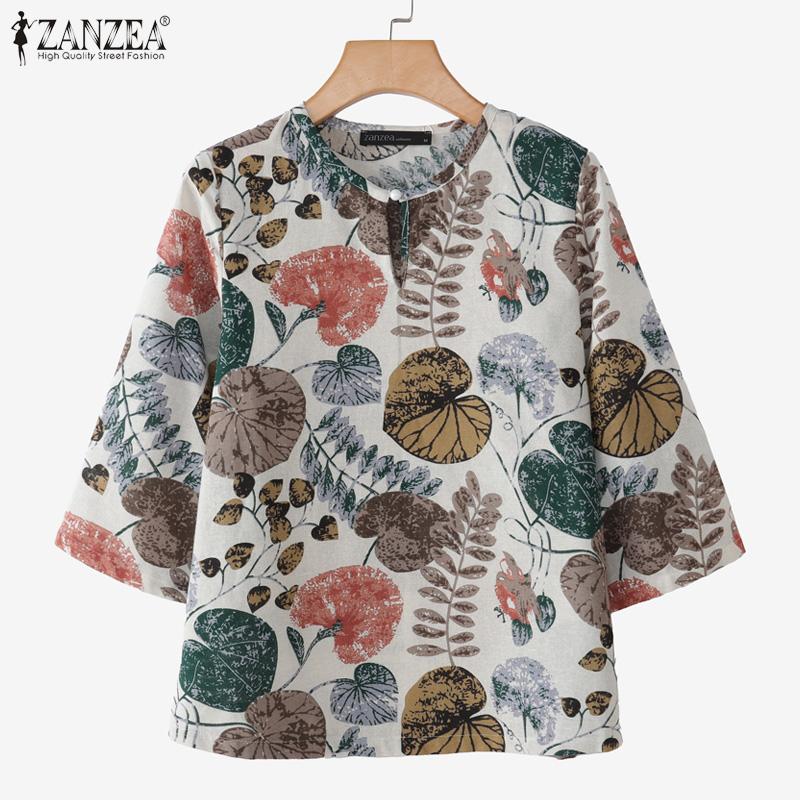ZANZEA Women Casual Round Neck Loose 3/4 Sleeve Print Cotton Blouse