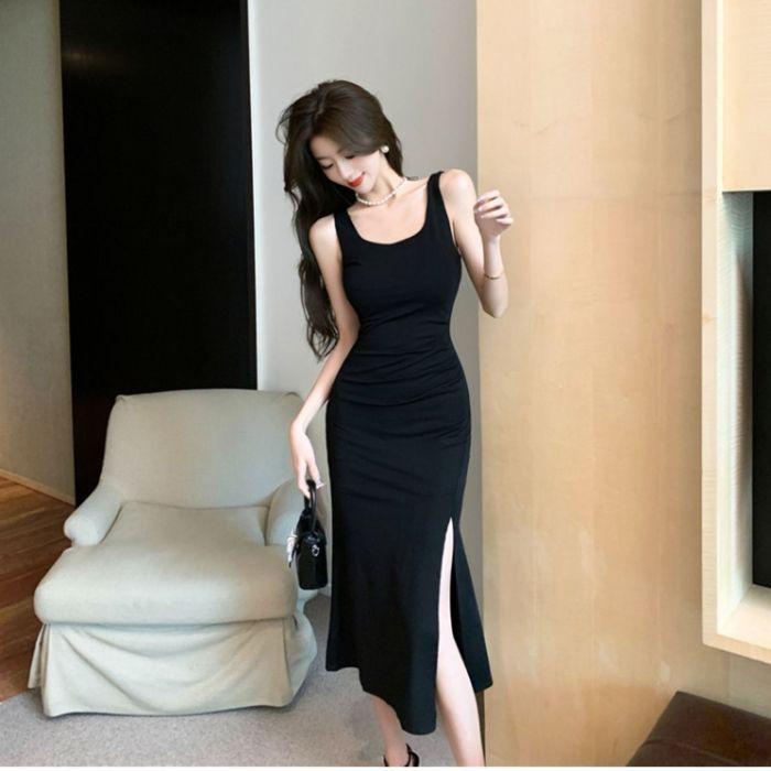 

Black split neck dress two-piece suit women s autumn new French sweet and spicy sexy backless dress women s dress 2XL чорний