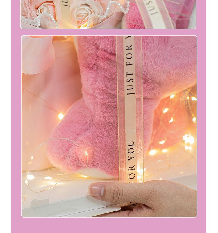 Strawberry Bear Doll & Preserved Rose Bouquet - Soap Flower Gift for Girlfriend