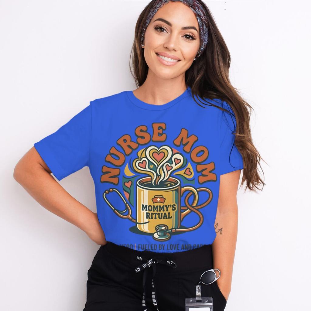 Nurse Mom Tshirts Mommys Ritual Vintage Streetwear Fashion Stethoscope And Coffee Pattern Women Short Sleeve Nurse Tshirt Gift