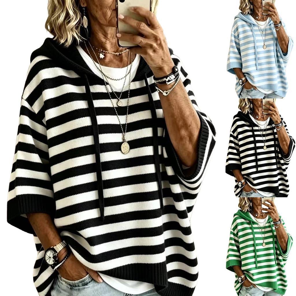 Felpa a righe in maglia da donna con maniche a 3/4, top casual a pullover