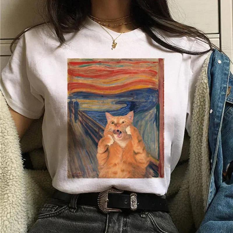 T-shirts Women Cat Oil Painting Printed Funny Graphic Tee Shirt Summer Short Sleeve Casual White Tops Harajuku Clothing