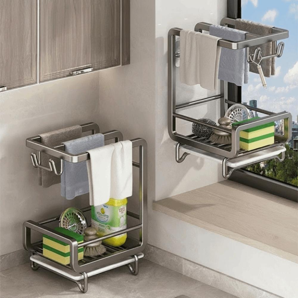 Multifunctional Wall-mounted Dishcloth Rack Countertop Space Saving Sink Drain Rack 2 Layers Organize Shelf Sink Area