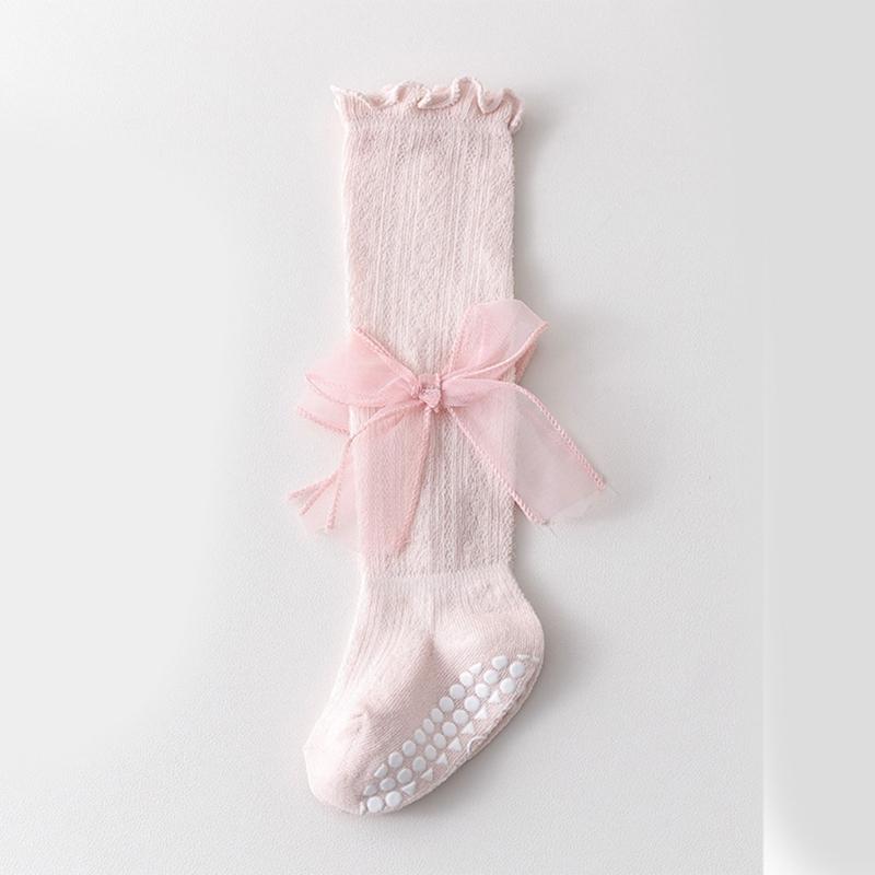 Kids Lace Pattern Over Knee Stockings Soft Combed Cotton Summer Thin Style Beige Color For Daily Wear