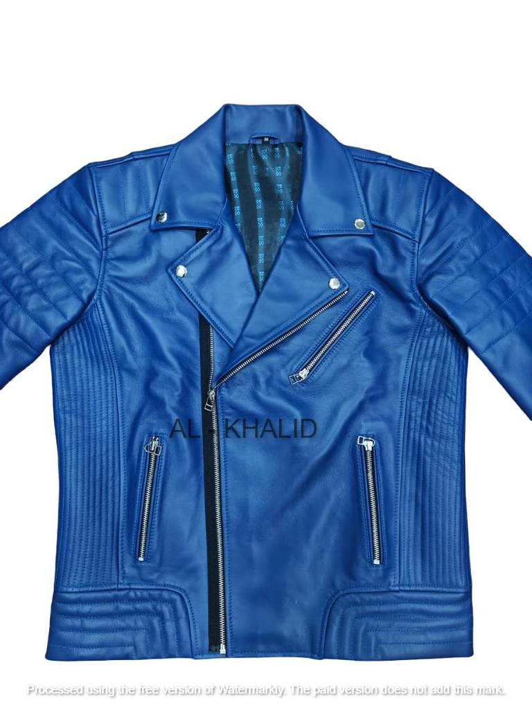 Men's Genuine Soft Lambskin Leather Jacket Blue Handmade Motorcycle Biker Jacket
