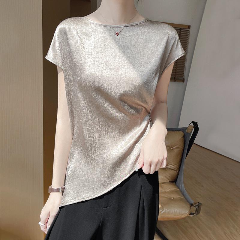 Summer New Silk Satin Texture Short-sleeved T-shirt Women's Top Loose Round Neck Solid Color Versatile Imitation Silk Shirt