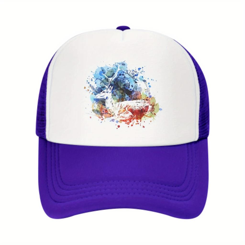 Watercolor Deer Graphic Print Mesh Back Trucker Hat Unisex Casual Adjustable Baseball Cap