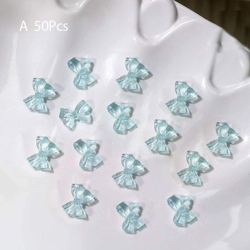50Pcs Ice Transparent French Ribbons Colorful Resin Bowknot Charm Bowtie Jewelry Nail Art Decorations Manicure Tools Accessories