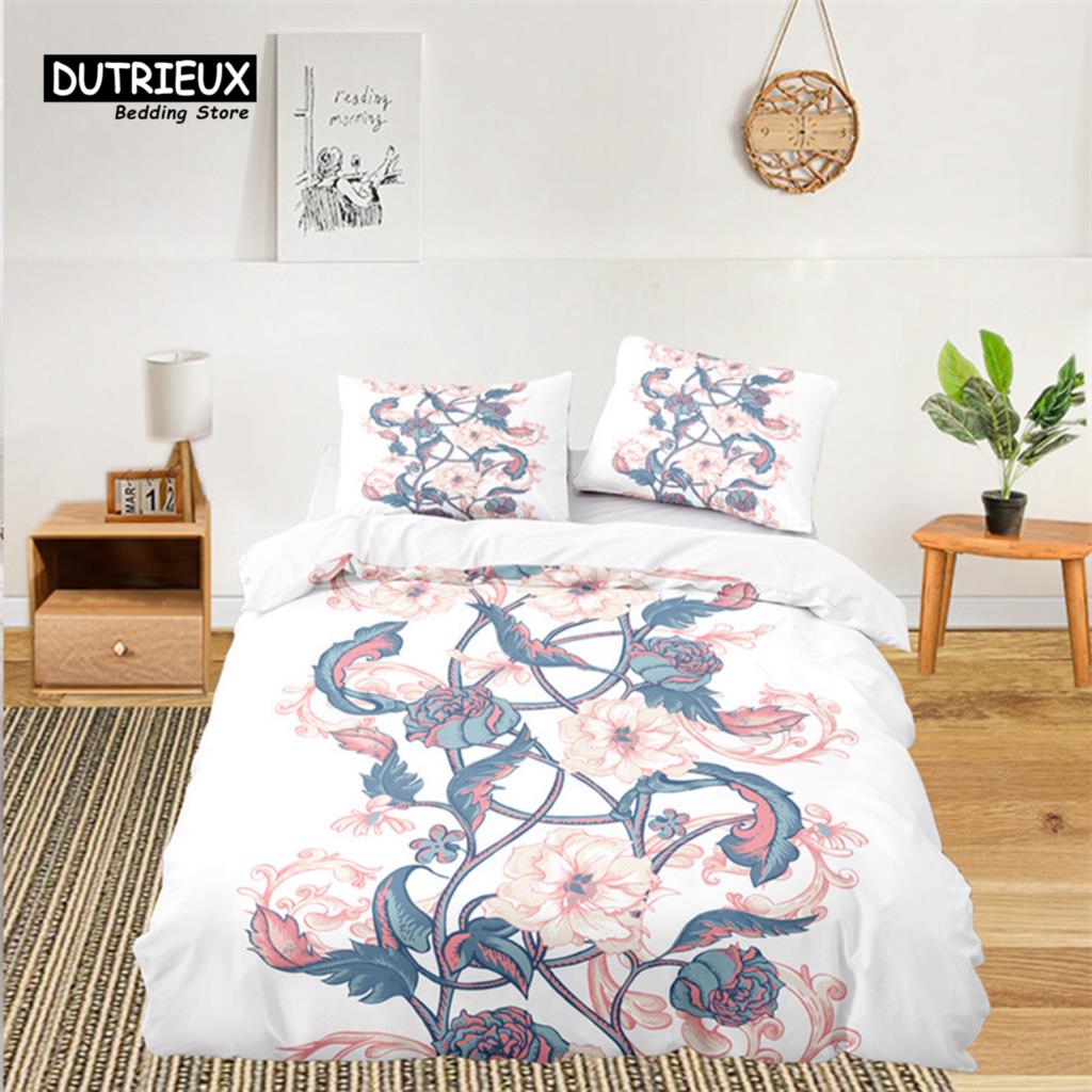 Soft Floral Bedding Set For Kids Girls Adults Leaves Flowers Branch Print Duvet Cover Set Quilt Cover Pillowcases Bedroom Decor