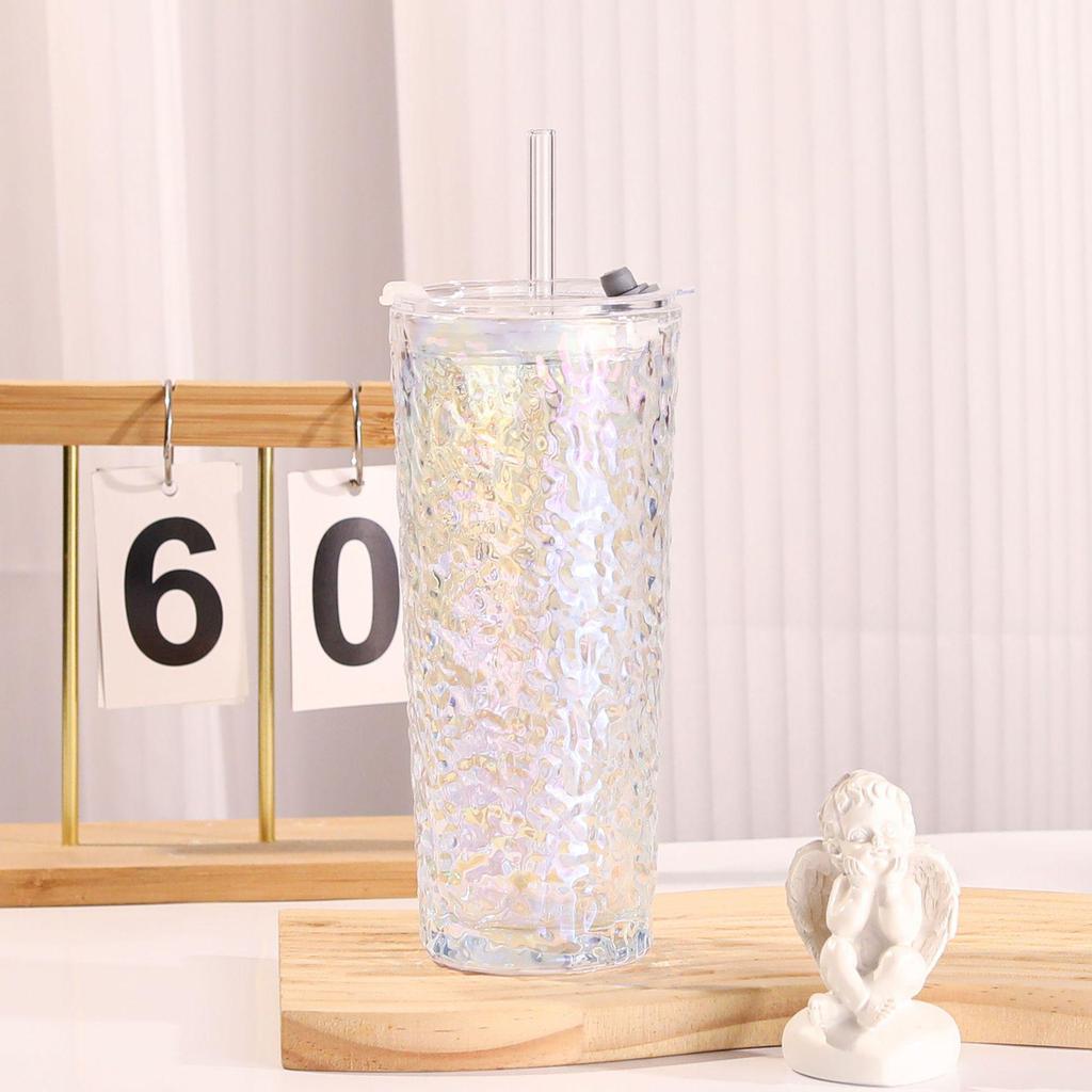 Large Capacity Transparent Glass Straw Cup with Lid for Office Drinks: Milk Tea, Coffee, Americano, Latte, Juice