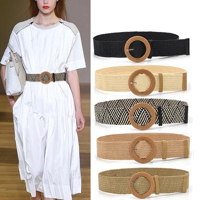 Summer Women'S Elastic Band Round Buckle Retro Bohemian Braided Dress Belt