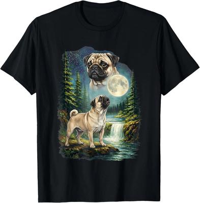 Pug Moonlit Night Art Pug Dog Howling At The Moon T-Shirt