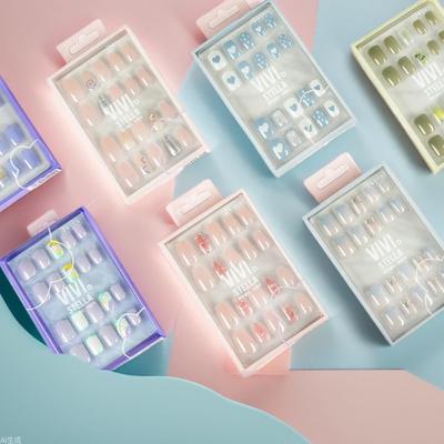 24 Fertige Nagelstücke Tragen Nagelstücke High-End Sommer Falsche Nägel Französisch Verwischen Kurz Leiter Kurz Quadratisch