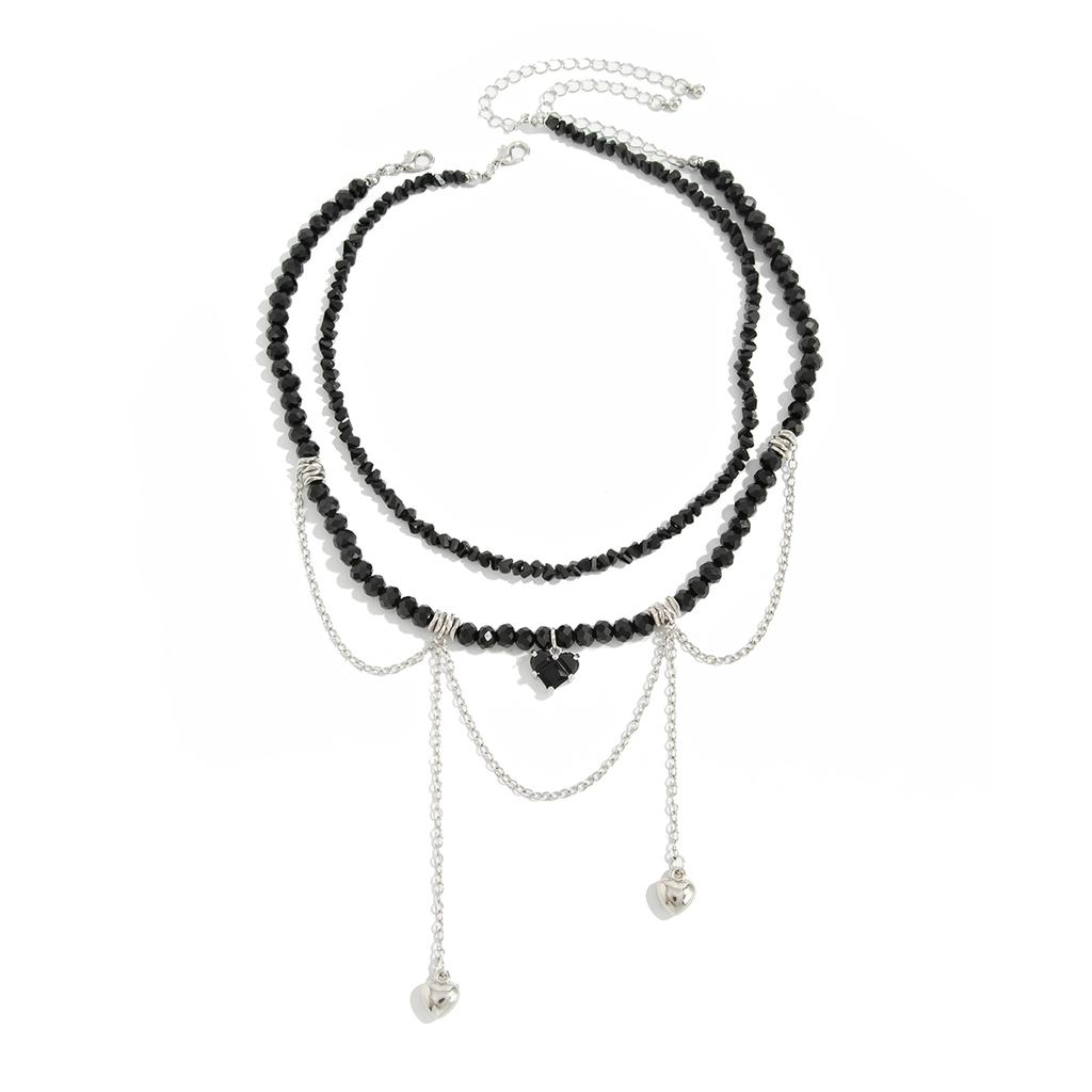 Salircon 2Pcs/set Peach Heart Tassel Pendant Necklace for Women Boho Exquisite Crystal Beaded Clavicle Chain Fashion Y2K Jewelry
