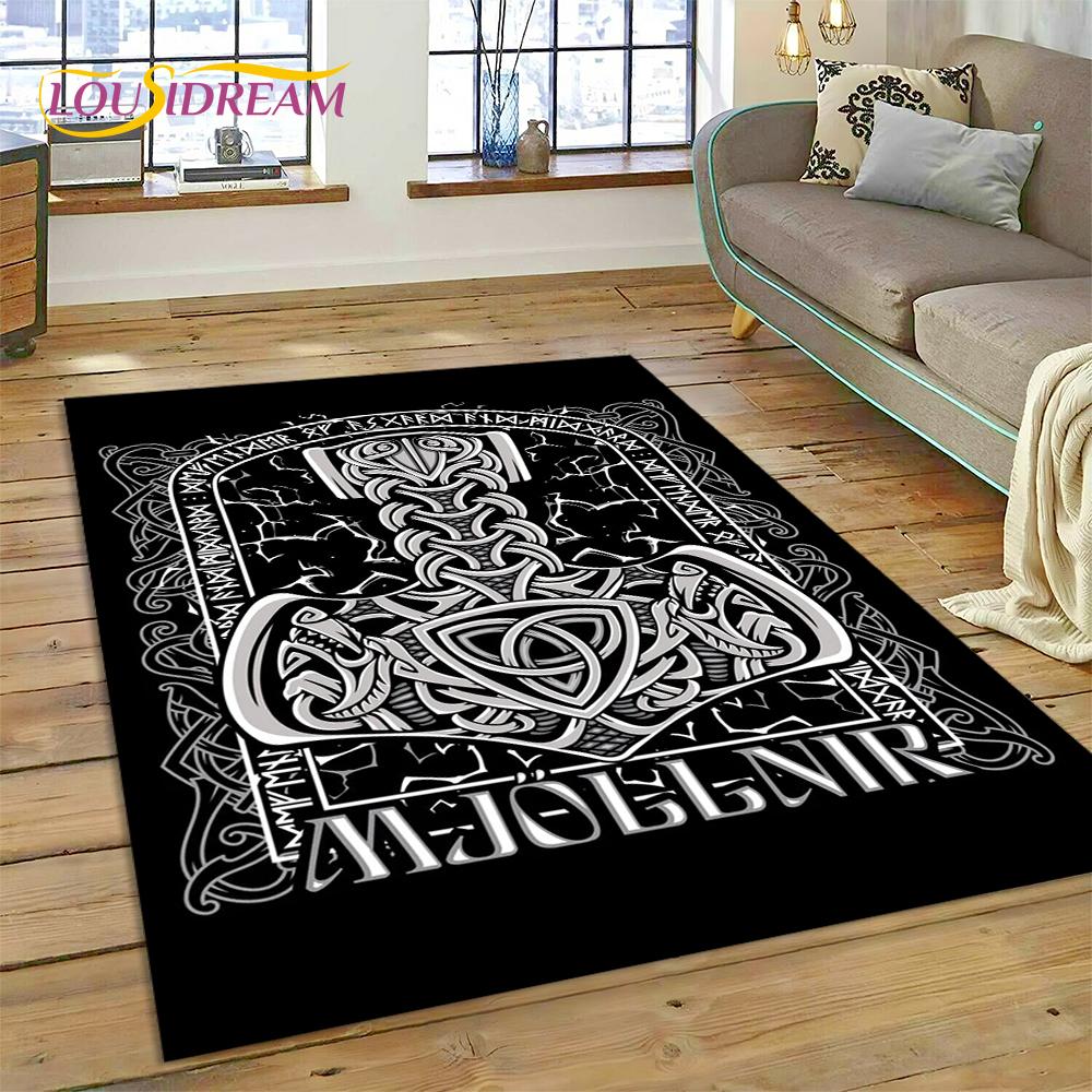 Teppich mit nordischer Mythologie, Valhalla, Wikinger, Odin, Cartoon-Motiv, groß, Teppich für Wohnzimmer, Schlafzimmer, Sofa, Fußmatte, Spielbodenmatte für Kinder