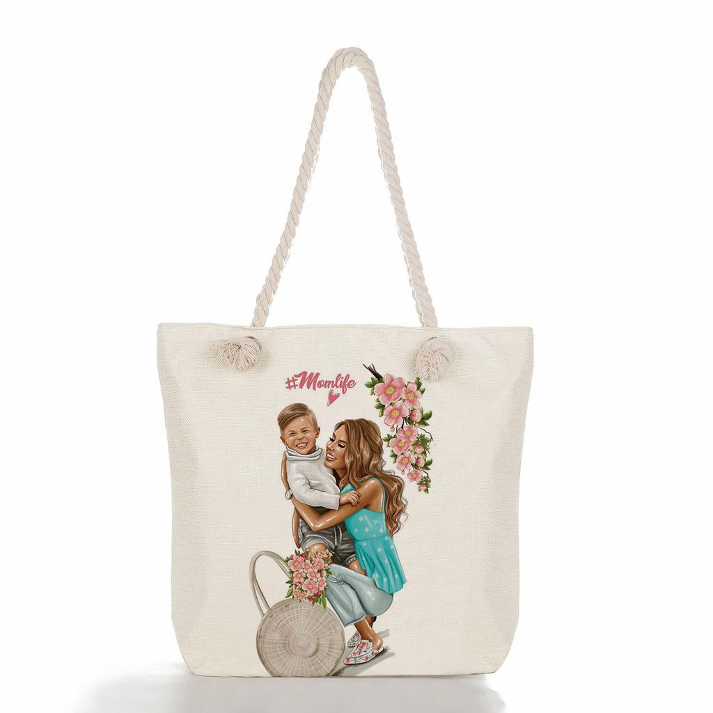 Multifunctional Mom Series Printed Thick Rope Shoulder Beach Bag Casual Large Capacity Handbag 7617