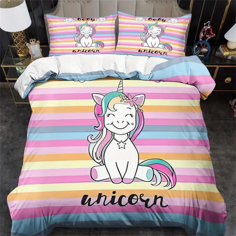 Unicorn Cartoon Rainbow Horse Bedding Set Kids Duvet Cover for Children Baby Crib Duvet Cover Set Pillowcase Lovely Bed Linens