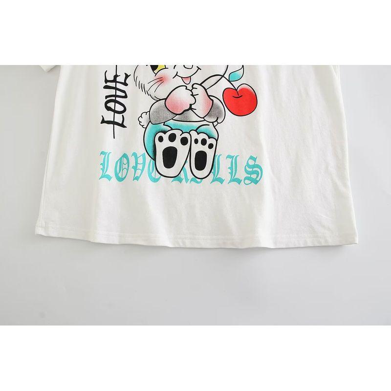 Kaslead New Arrival Women's Clothing Fashion Style Youthful-Looking Loose Cute Rabbit Print round Neck Short Sleeve T-shirt KC